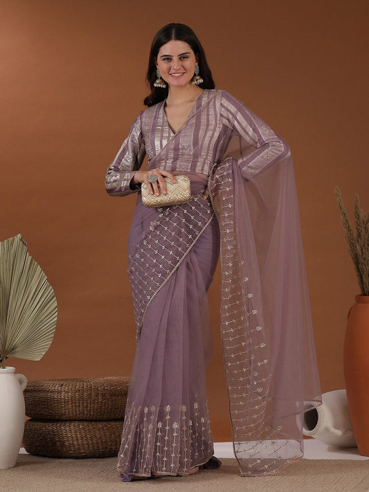 Lavender Zari Net Saree