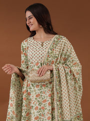 Beige Floral Printed Notched Neck Empire Gotta Patti A-Line Kurta Pants & Dupatta