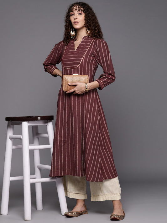 Women MaroonStriped Cotton Kurta