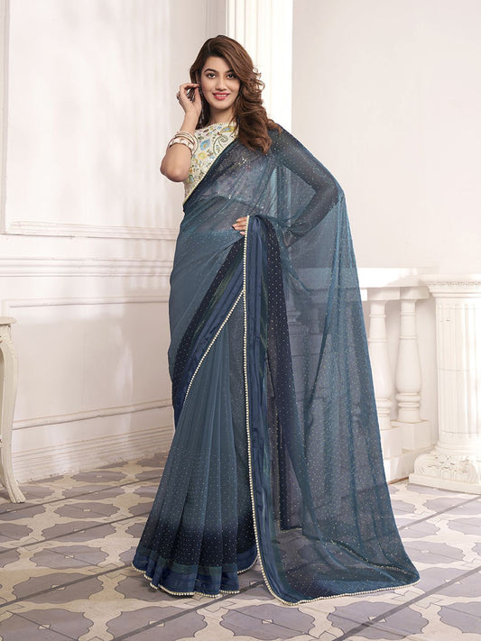 Blue Polka Dot Beads and Stones Saree