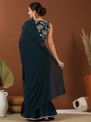 Teal Embroidered Poly Georgette Saree