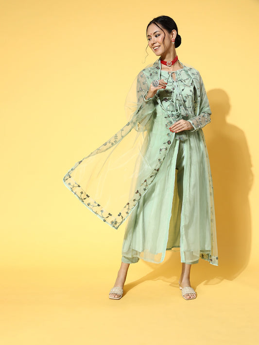 Green Women Floral Net Bling it On Kurta Set