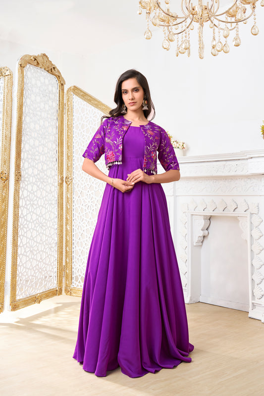 Women Embroidered Fit & Flared Ethnic Dresses With Jacket