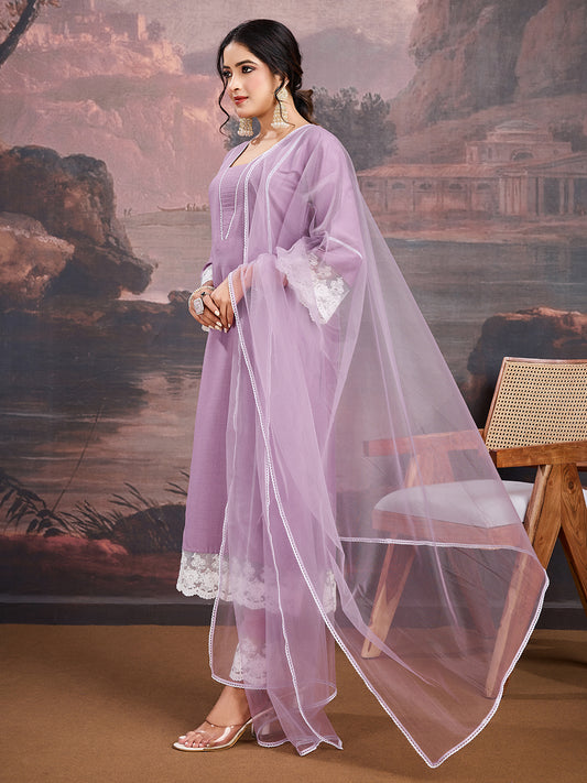 Lace Work Panelled Square Neck Straight Kurta &Trousers With Dupatta