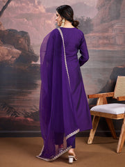 Floral Embroidered Round Neck Kurta Trousers With Dupatta