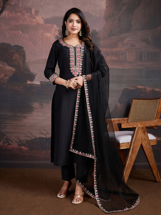 Floral Embroidered Thread Work Straight Kurta With Trousers & Dupatta