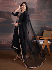 Floral Embroidered Thread Work Straight Kurta With Trousers & Dupatta