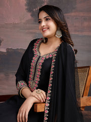 Floral Embroidered Thread Work Straight Kurta With Trousers & Dupatta