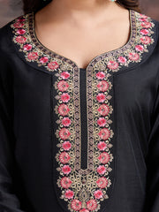 Floral Embroidered Thread Work Straight Kurta With Trousers & Dupatta