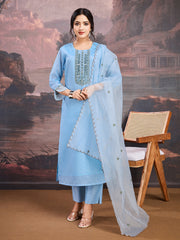 Floral Embroidered Thread Work Straight Kurta With Trousers & Dupatta