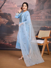 Floral Embroidered Thread Work Straight Kurta With Trousers & Dupatta