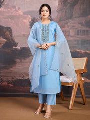 Floral Embroidered Thread Work Straight Kurta With Trousers & Dupatta