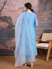 Floral Embroidered Thread Work Straight Kurta With Trousers & Dupatta