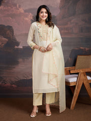 Floral Printed V-Neck Zari Straight Kurta With Trouser & Dupatta