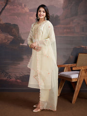 Floral Printed V-Neck Zari Straight Kurta With Trouser & Dupatta