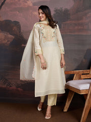 Floral Printed V-Neck Zari Straight Kurta With Trouser & Dupatta