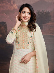 Floral Printed V-Neck Zari Straight Kurta With Trouser & Dupatta