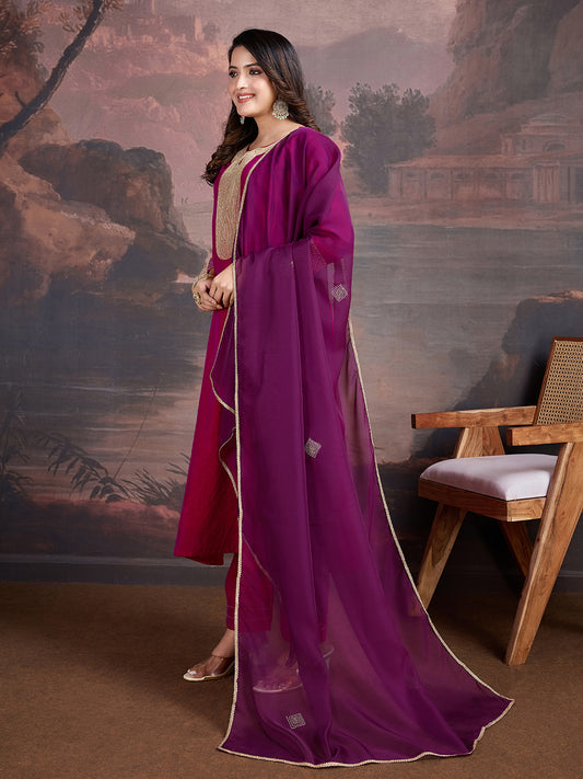 Zari Embroidered A-Line Kurta & Trousers With Dupatta