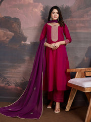 Zari Embroidered A-Line Kurta & Trousers With Dupatta