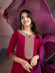 Zari Embroidered A-Line Kurta & Trousers With Dupatta