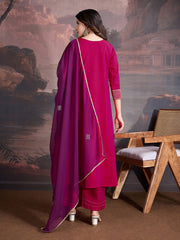 Zari Embroidered A-Line Kurta & Trousers With Dupatta