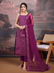 Floral Woven Design Sleeveless Straight Kurta With Trouser And Dupatta