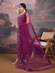 Floral Woven Design Sleeveless Straight Kurta With Trouser And Dupatta