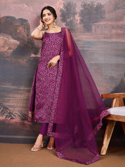 Floral Woven Design Sleeveless Straight Kurta With Trouser And Dupatta