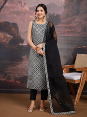 Ethnic Motifs Woven Design Straight Kurta With Trouser And Dupatta