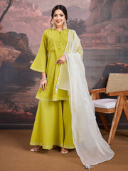 Thread Work Notch Neck Pure Cotton A-Line Kurta With Palazzos And Dupatta