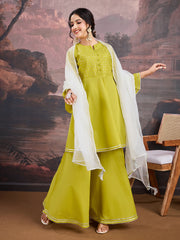 Thread Work Notch Neck Pure Cotton A-Line Kurta With Palazzos And Dupatta