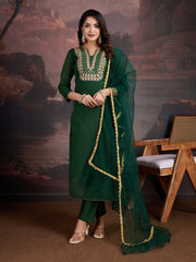 Floral Embroidered Notch Neck Straight Kurta With Trouser And Dupatta