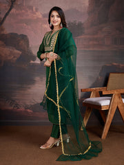 Floral Embroidered Notch Neck Straight Kurta With Trouser And Dupatta