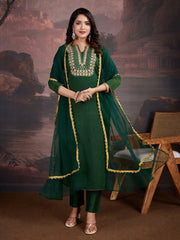 Floral Embroidered Notch Neck Straight Kurta With Trouser And Dupatta