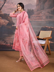 Printed Mandarin Collar Organza Straight Kurta With Trouser And Dupatta