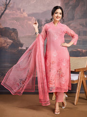 Printed Mandarin Collar Organza Straight Kurta With Trouser And Dupatta