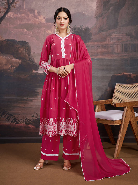 Floral Thread Embroidered A-Line Kurta & Trousers With Dupatta