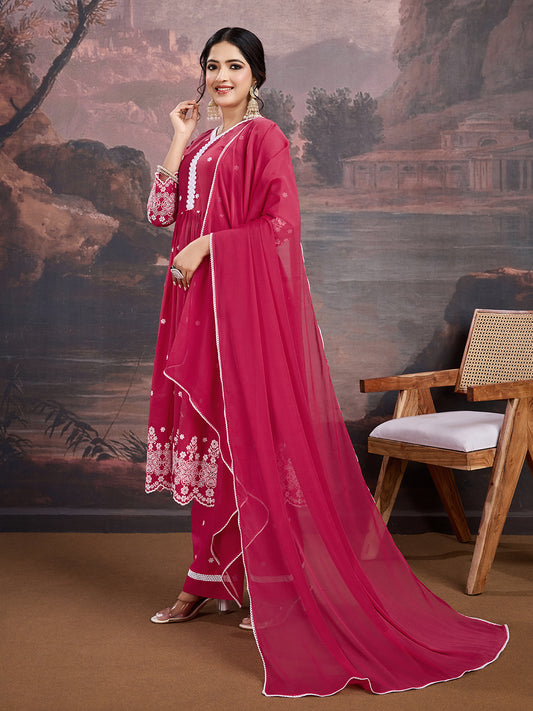 Floral Thread Embroidered A-Line Kurta & Trousers With Dupatta