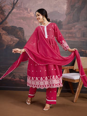 Floral Thread Embroidered A-Line Kurta & Trousers With Dupatta