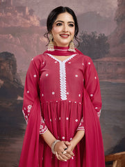 Floral Thread Embroidered A-Line Kurta & Trousers With Dupatta