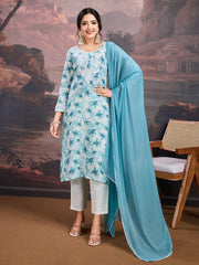 Floral Printed Thread Work Linen Straight Kurta With Trousers & Dupatta