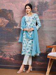 Floral Printed Thread Work Linen Straight Kurta With Trousers & Dupatta