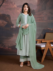 Floral Embroidered V-Neck Anarkali Kurta With Palazzo And Dupatta