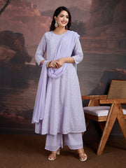 Geometric Embroidered Chikankari A-Line Kurta With Trouser And Dupatta