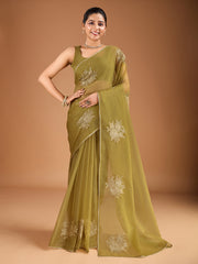 Floral Zari & Sequinned Emdroidered Saree With Blouse Piece