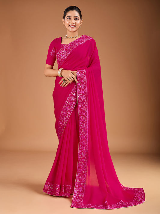 Sequinned Embroidered Border Saree With Blouse Piece