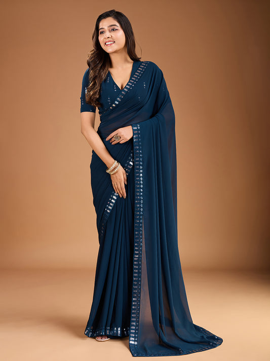 Sequinned Embroidered Saree With Blouse