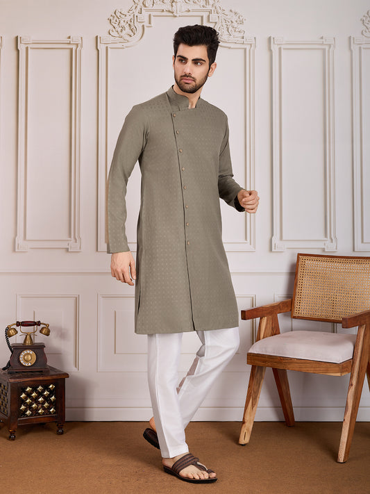 Ethnic Woven Design Button Detail Kurta