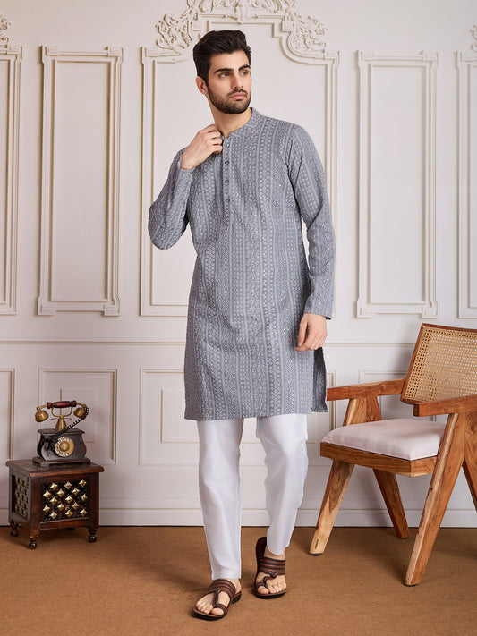 Ethnic Chikankari Straight Kurta & Trousers Set