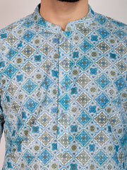 Printed Mandarin Collar Neck Chikankari Kurta Set